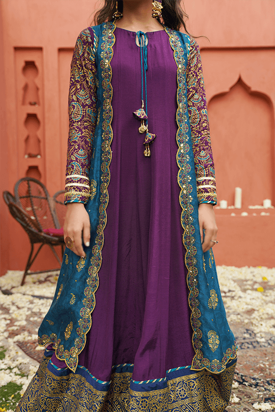 Peacock Blue Jacquard Cape with Purple Silk Gown (2-Piece) - Image 4