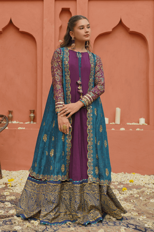 Pakistani Peacock Blue Jacquard Cape with Purple PK Raw Silk Gown (2-Piece) - Image 2