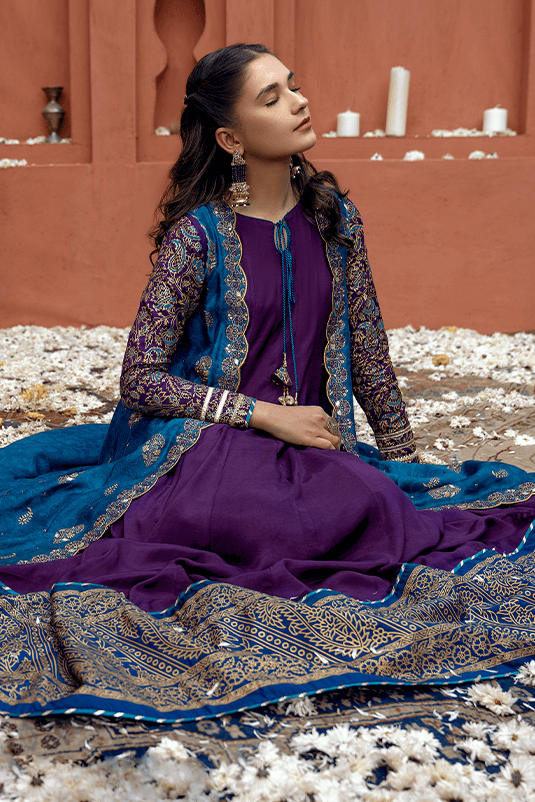 Pakistani Peacock Blue Jacquard Cape with Purple PK Raw Silk Gown (2-Piece) - Image 3