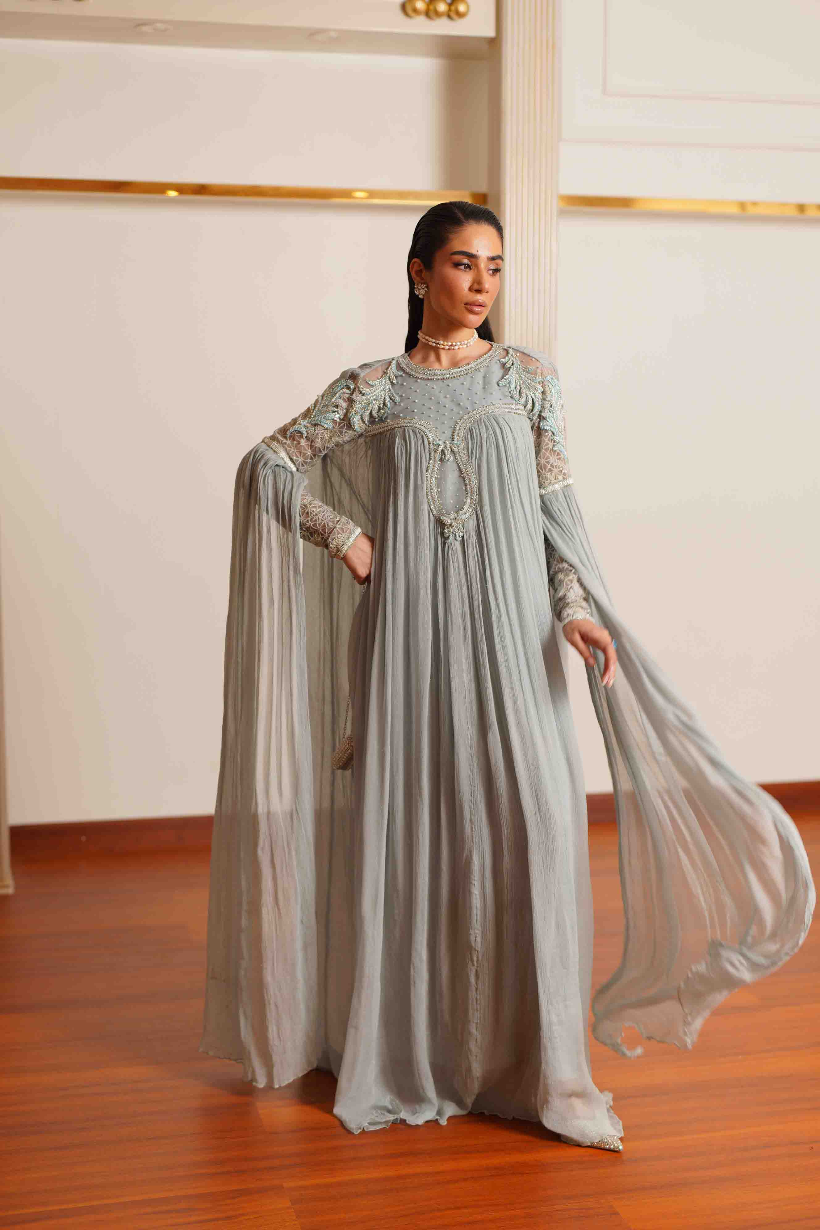 Slate Blue Embroidered Silk Cape Dress (3-Piece) - Image 1
