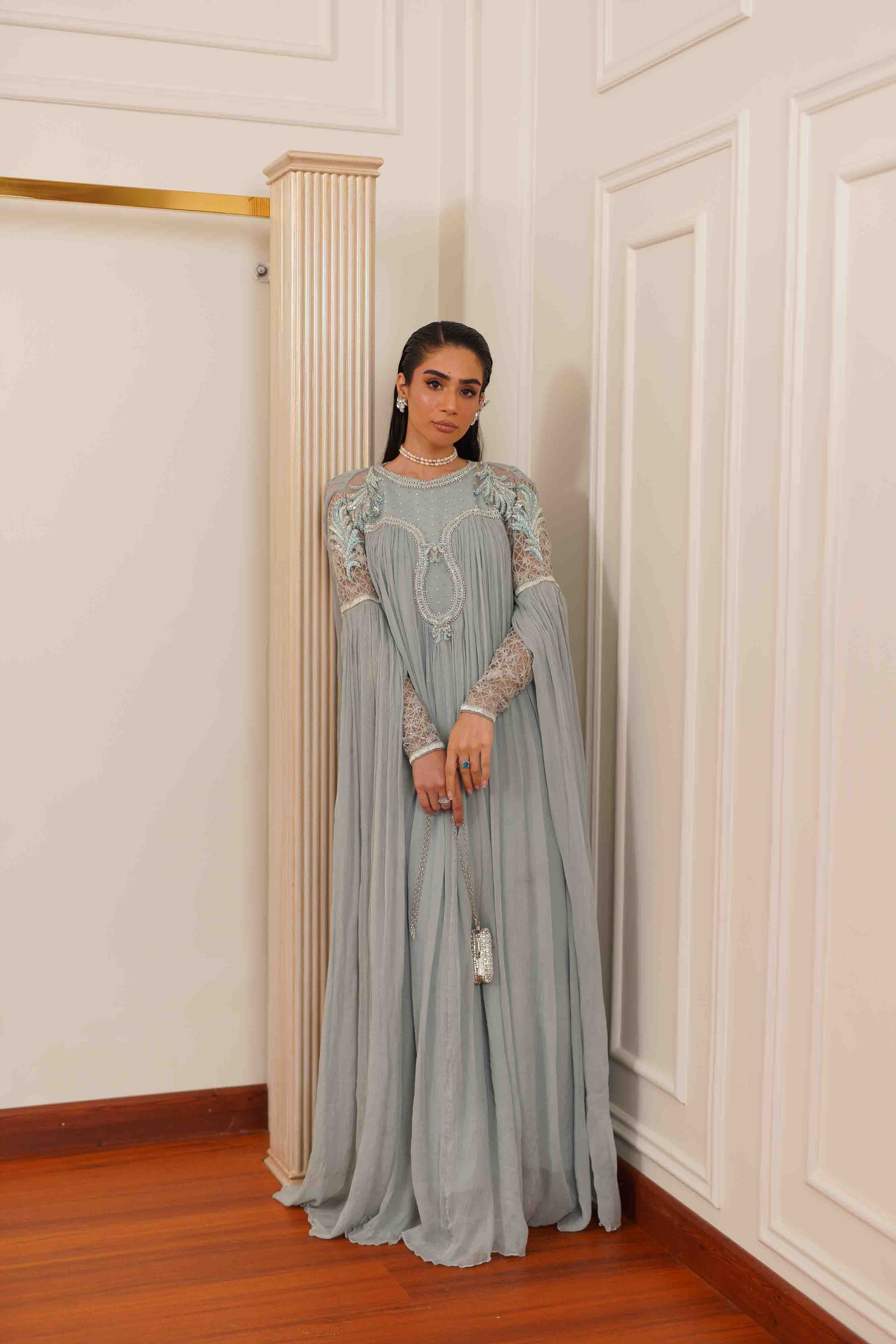 Slate Blue Embroidered Silk Cape Dress (3-Piece) - Image 2