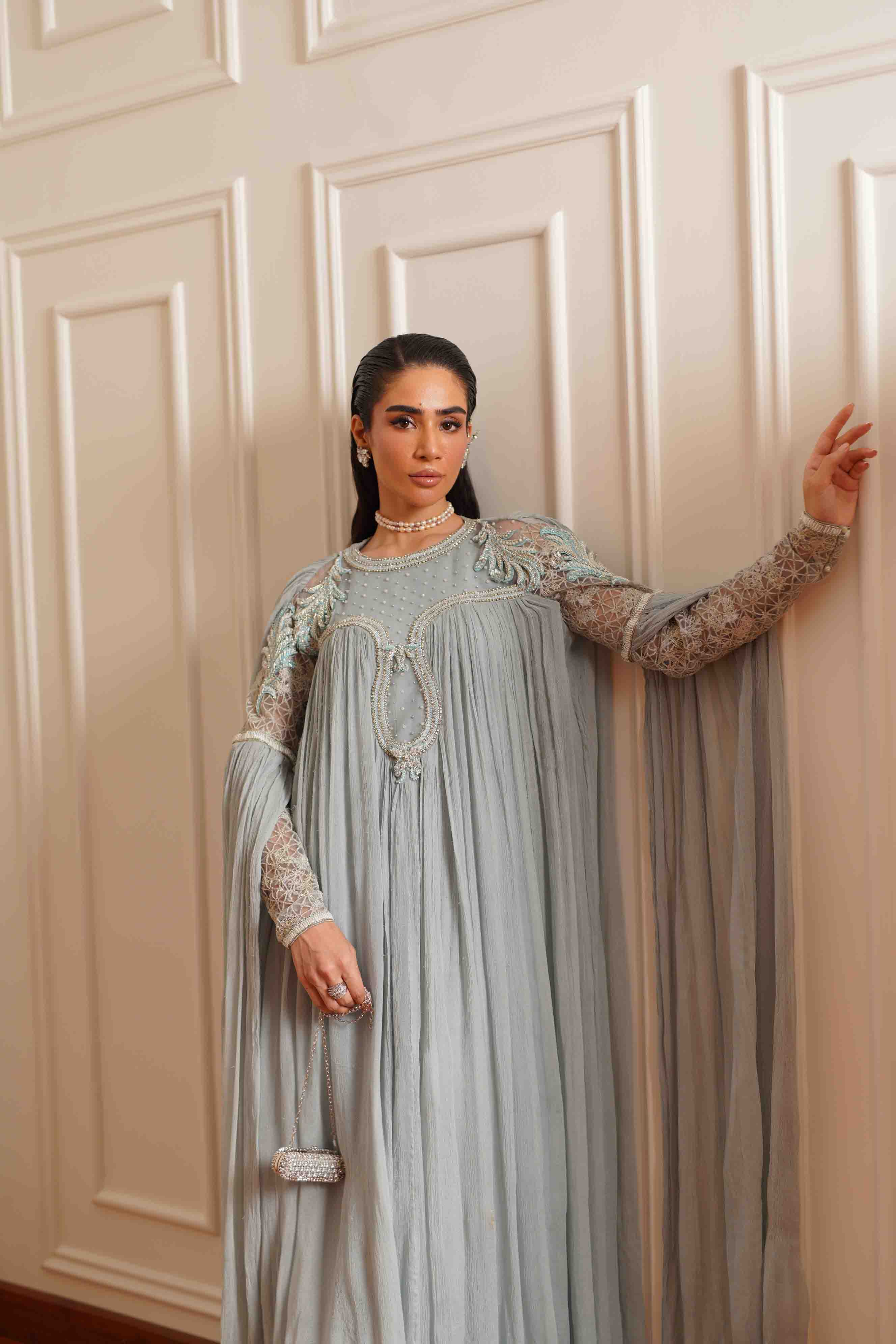 Slate Blue Embroidered Silk Cape Dress (3-Piece) - Image 4