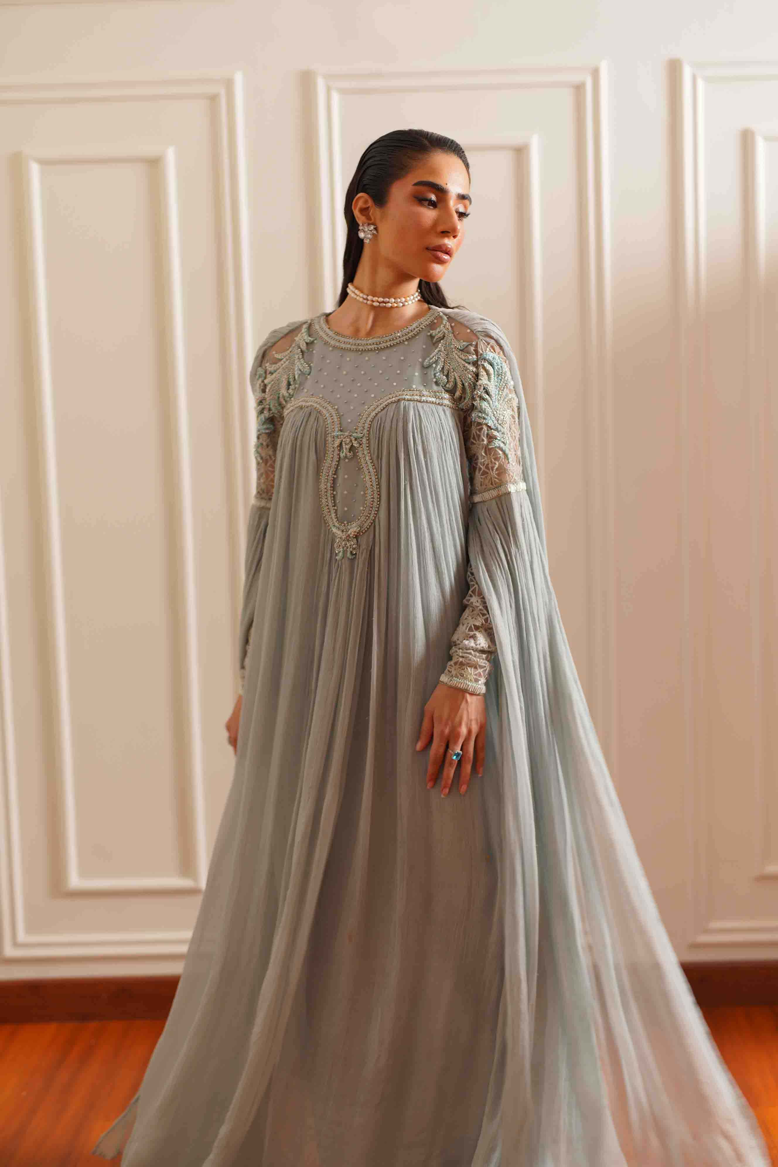 Slate Blue Embroidered Silk Cape Dress (3-Piece) - Image 5