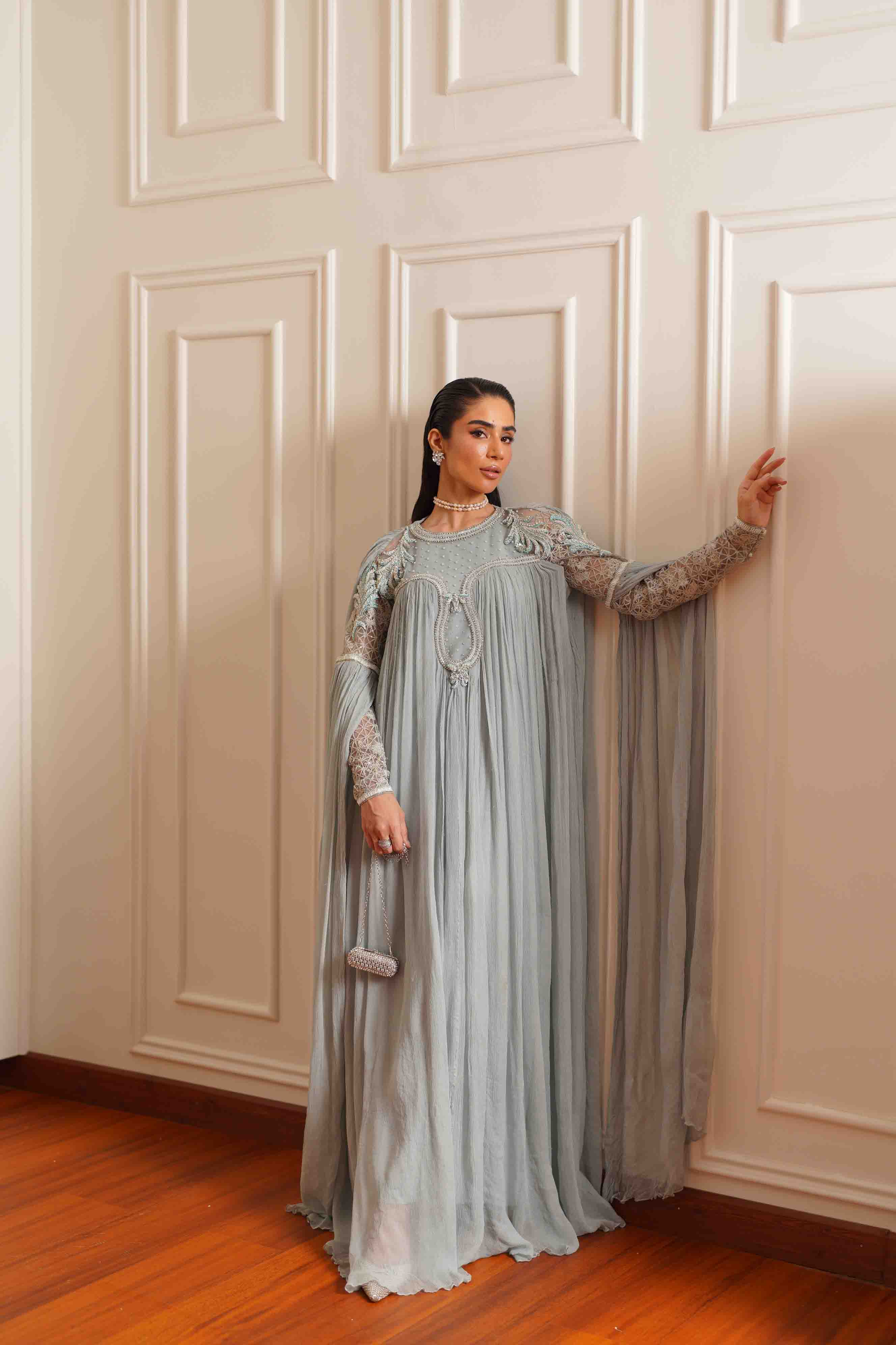 Slate Blue Embroidered Silk Cape Dress (3-Piece) - Image 6