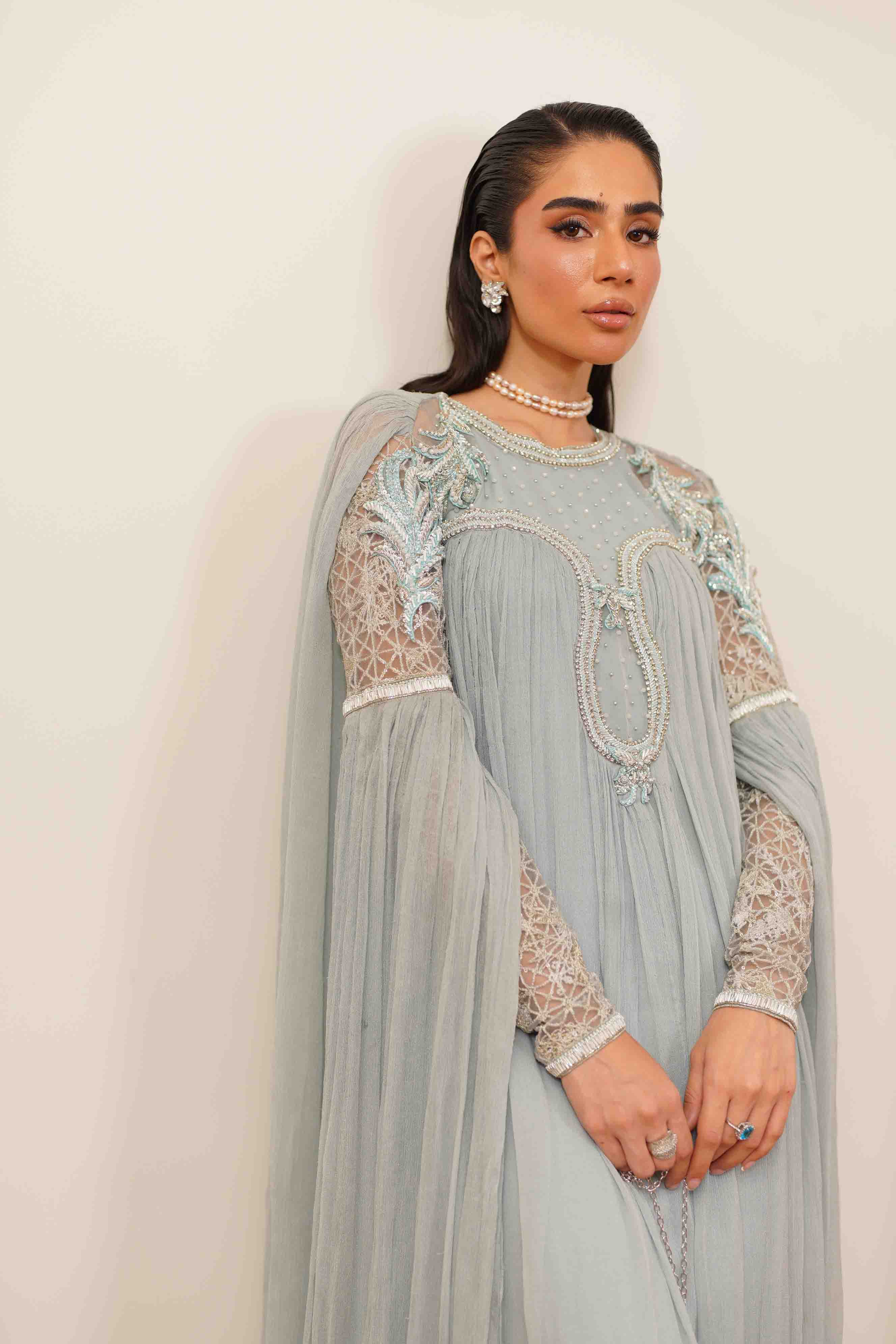 Slate Blue Embroidered Silk Cape Dress (3-Piece) - Image 7
