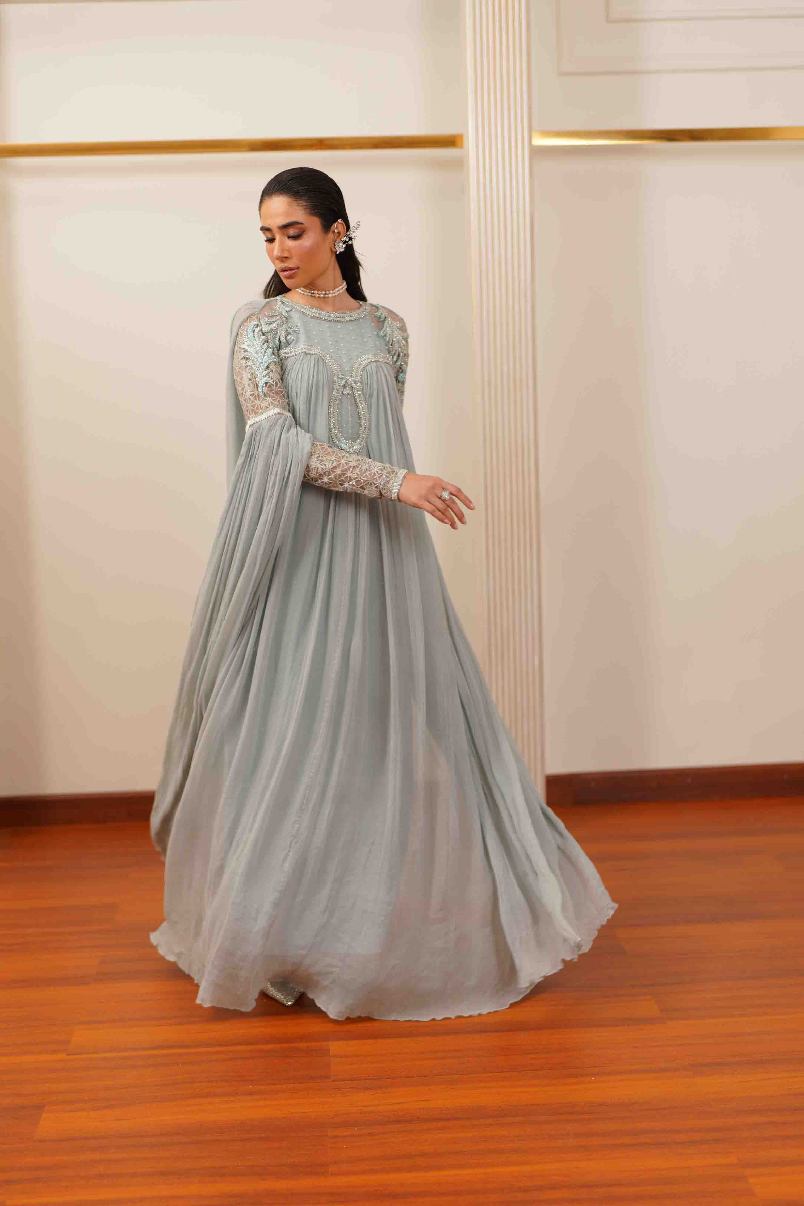 Slate Blue Embroidered Silk Cape Dress (3-Piece) - Image 8