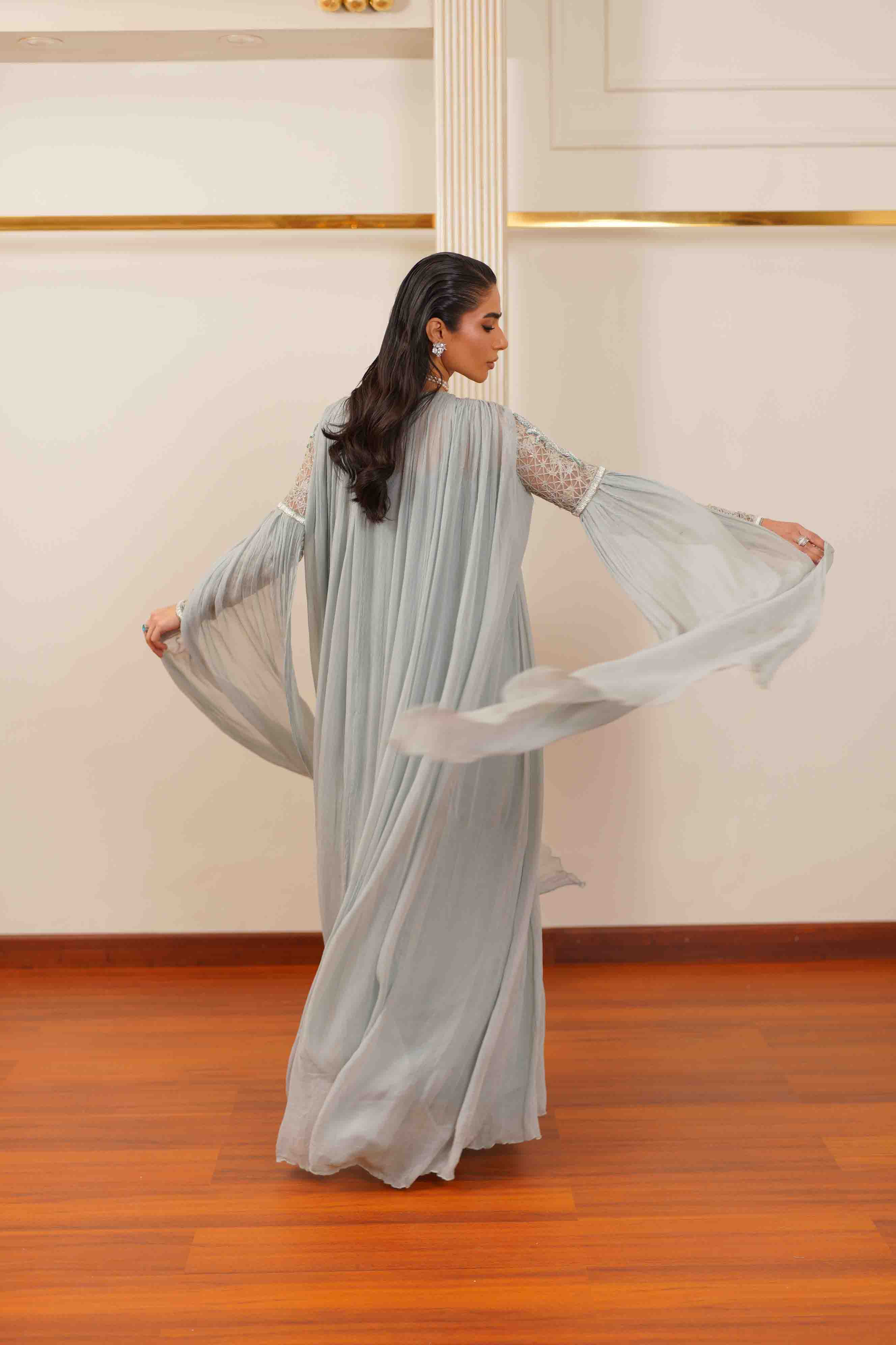 Slate Blue Embroidered Silk Cape Dress (3-Piece) - Image 9