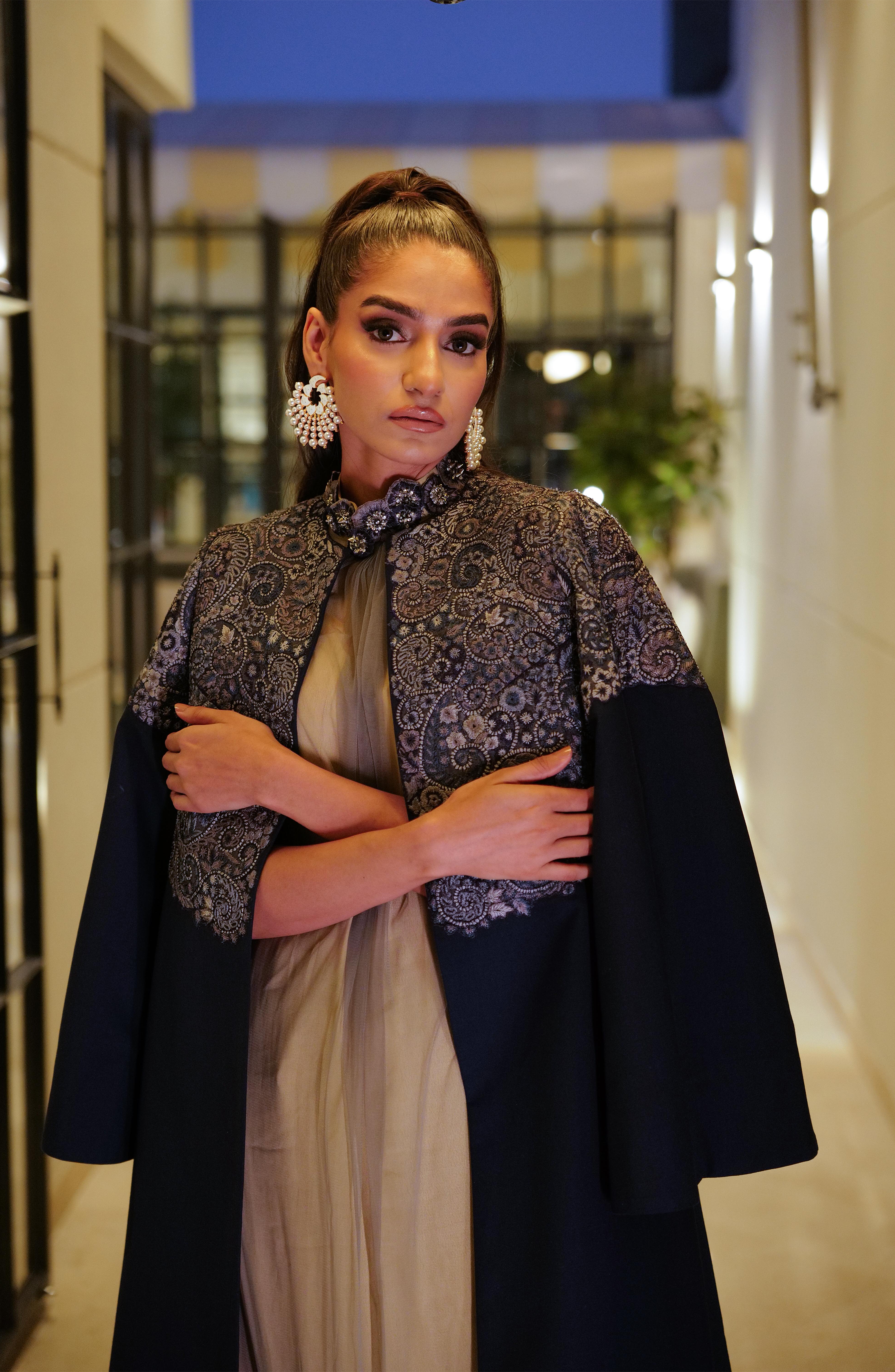 Pakistani Royal Blue Embroidered Tropical Cape Dress (2-Piece) - Image 1