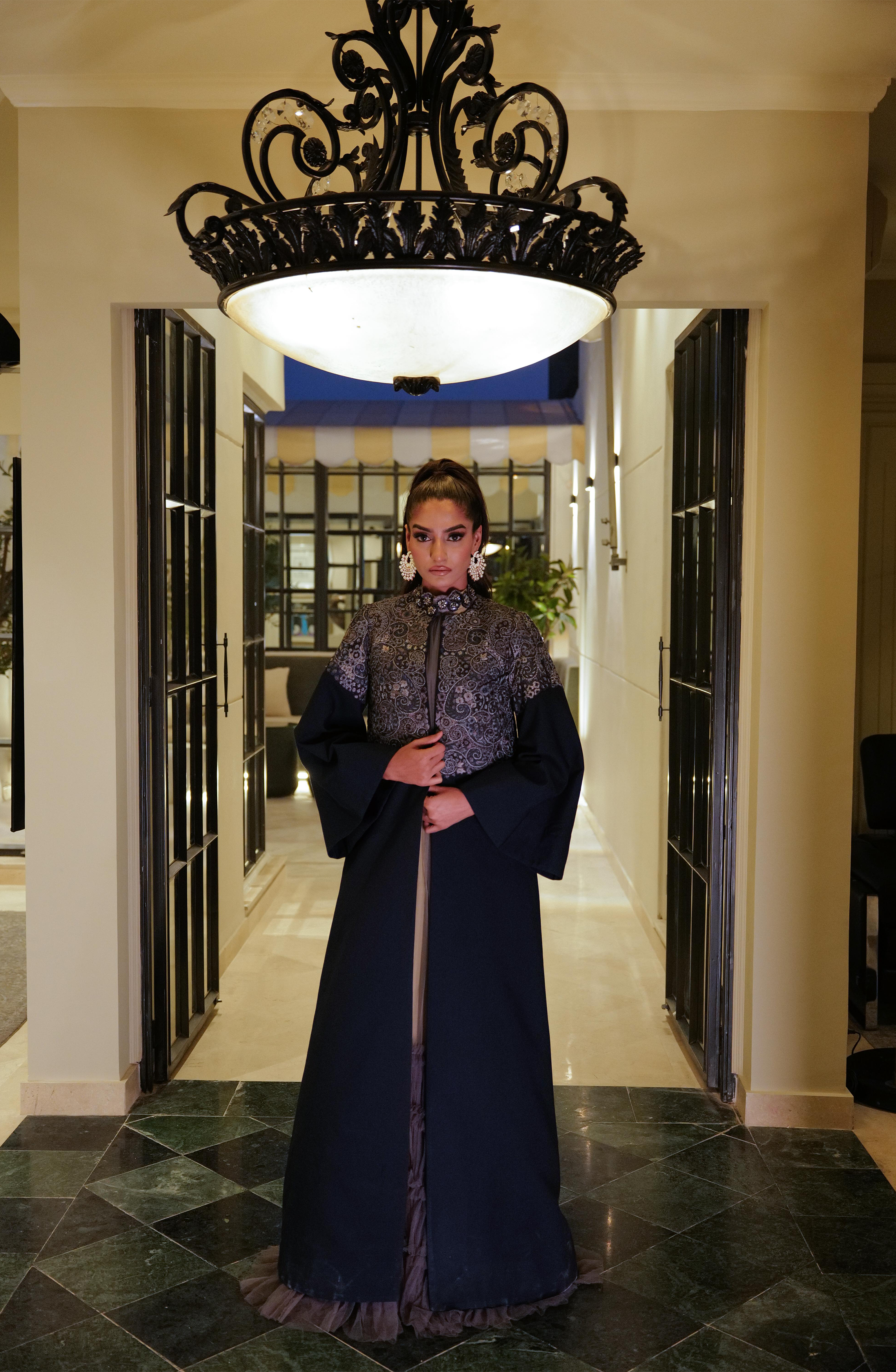 Pakistani Royal Blue Embroidered Tropical Cape Dress (2-Piece) - Image 2