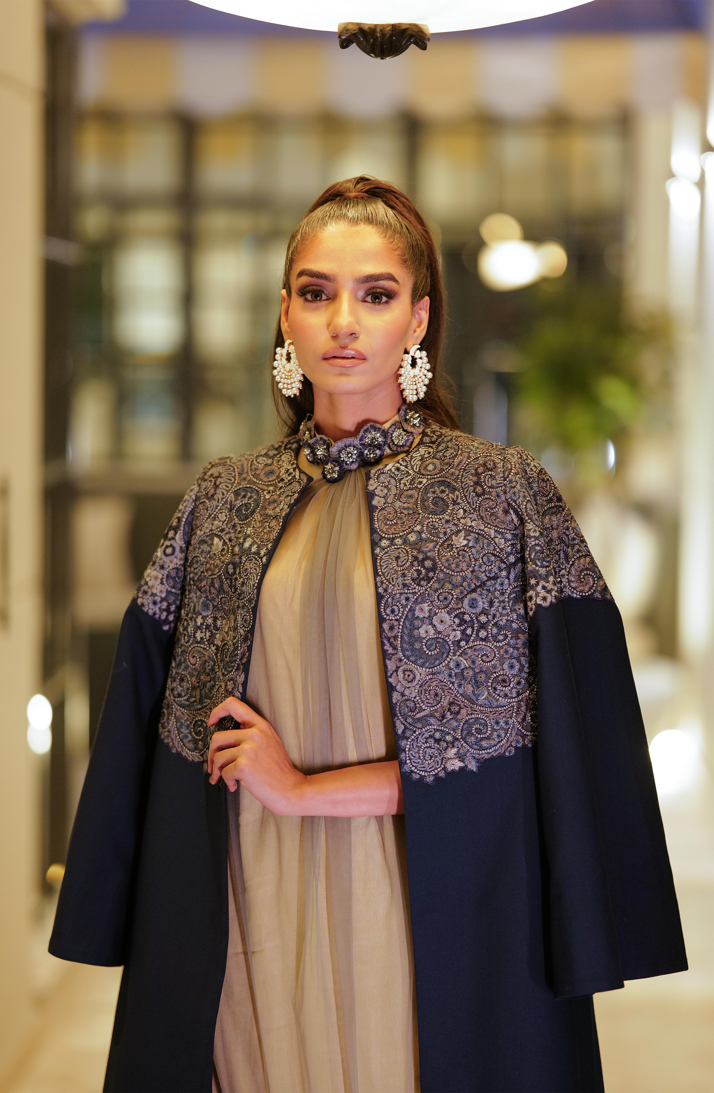 Pakistani Royal Blue Embroidered Tropical Cape Dress (2-Piece) - Image 3