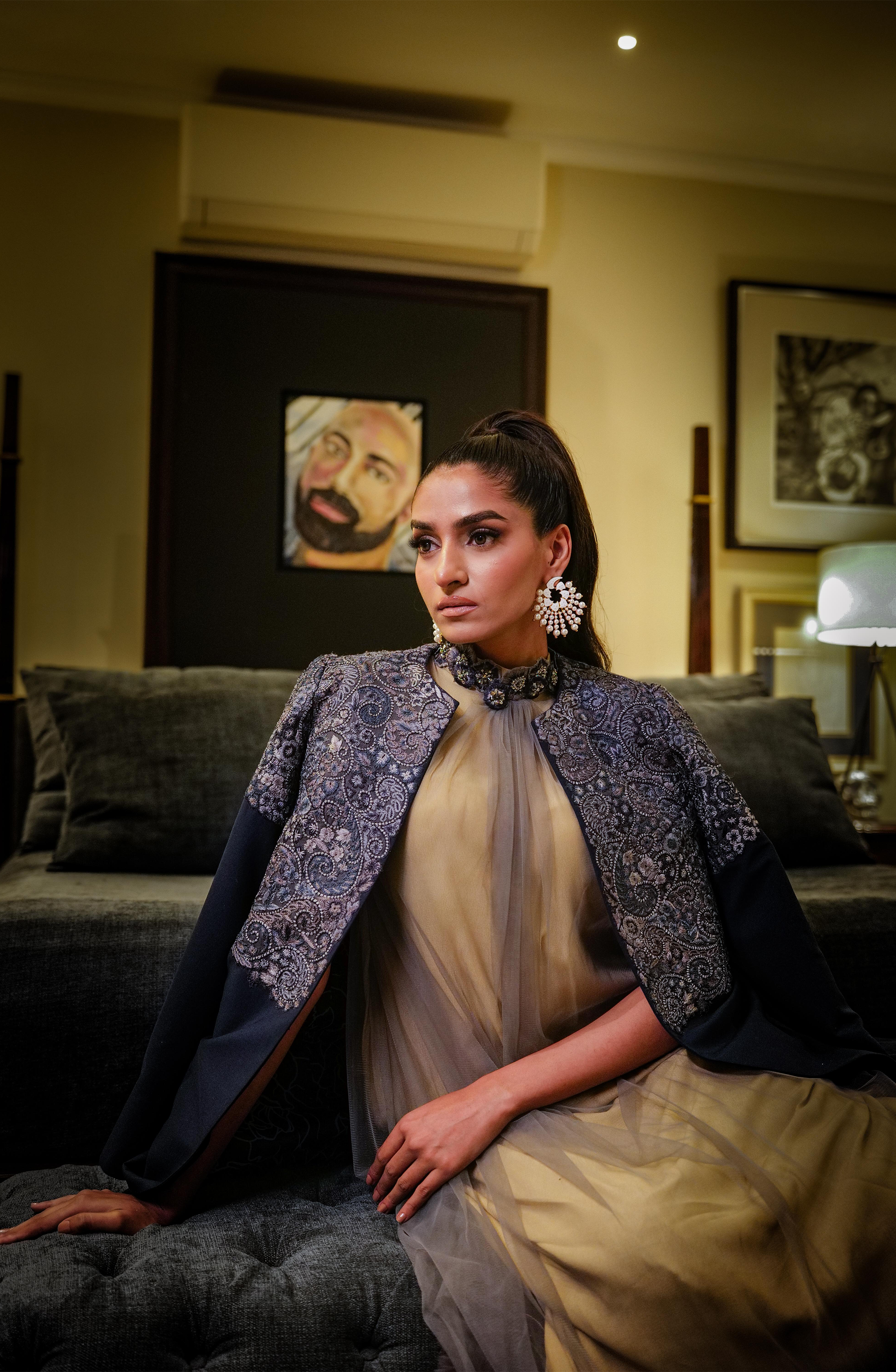 Pakistani Royal Blue Embroidered Tropical Cape Dress (2-Piece) - Image 5