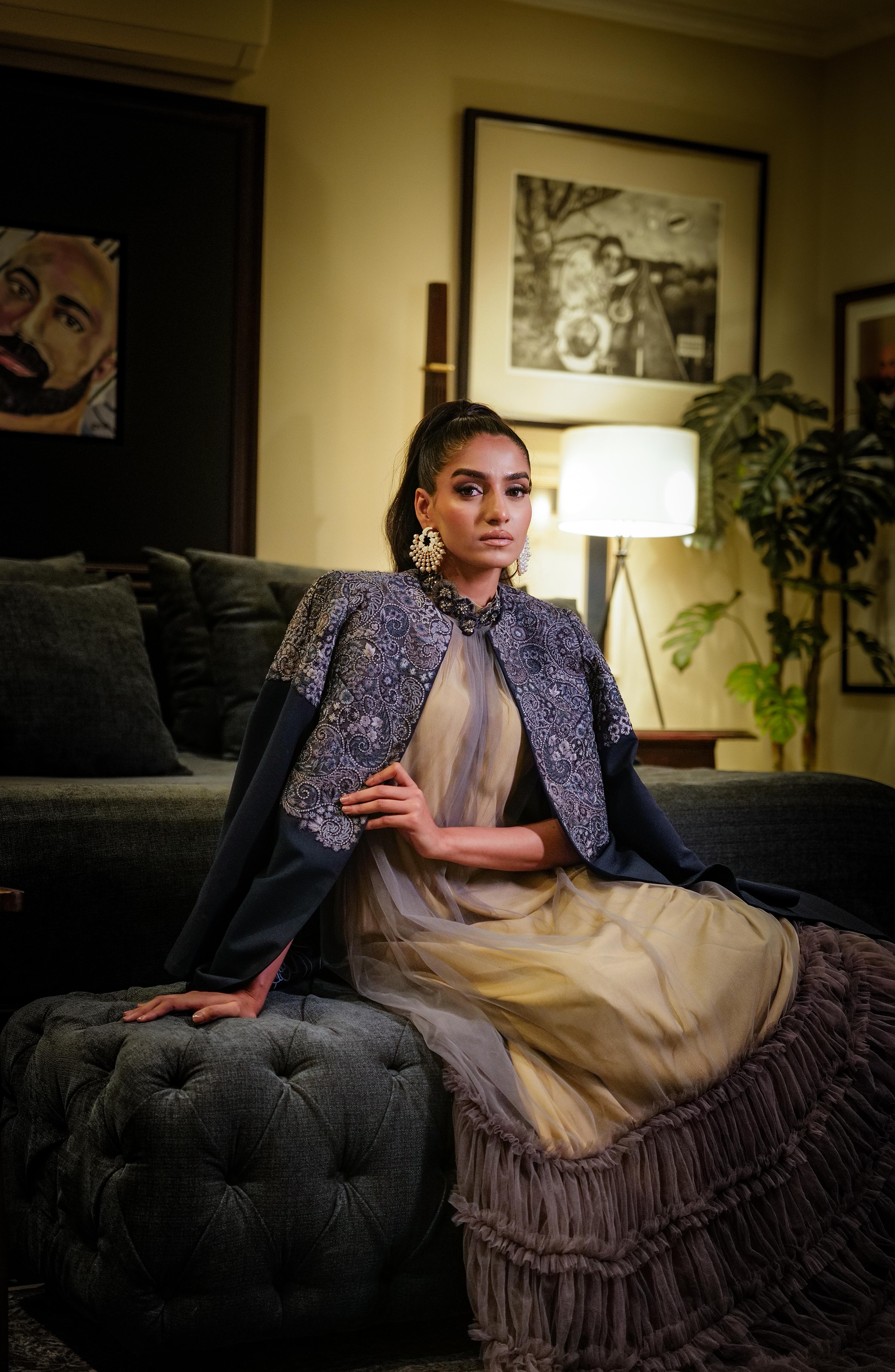 Pakistani Royal Blue Embroidered Tropical Cape Dress (2-Piece) - Image 6