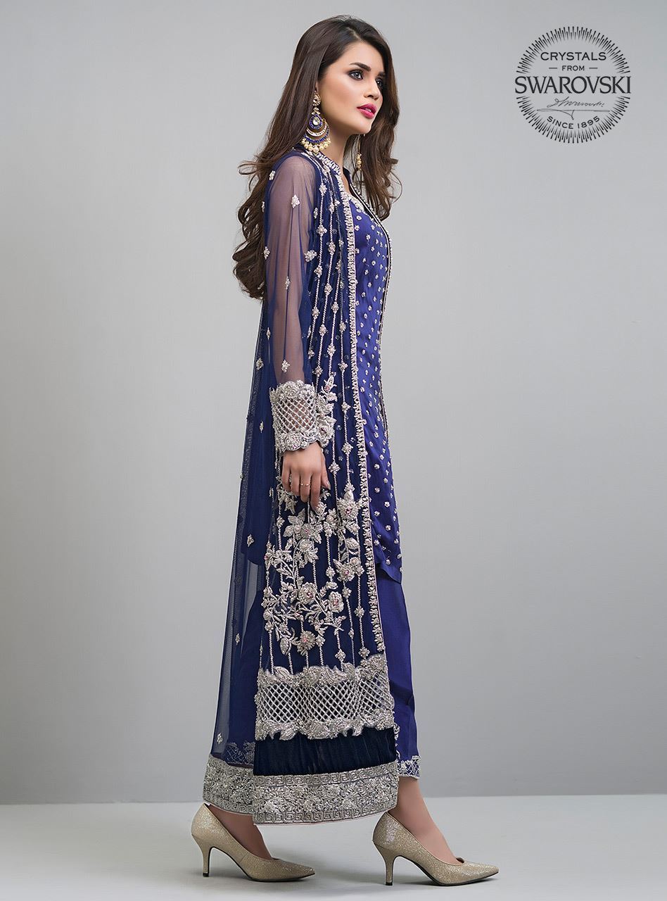 Navy Blue Embellished Net Jacket Dress (2-Piece) - Image 2