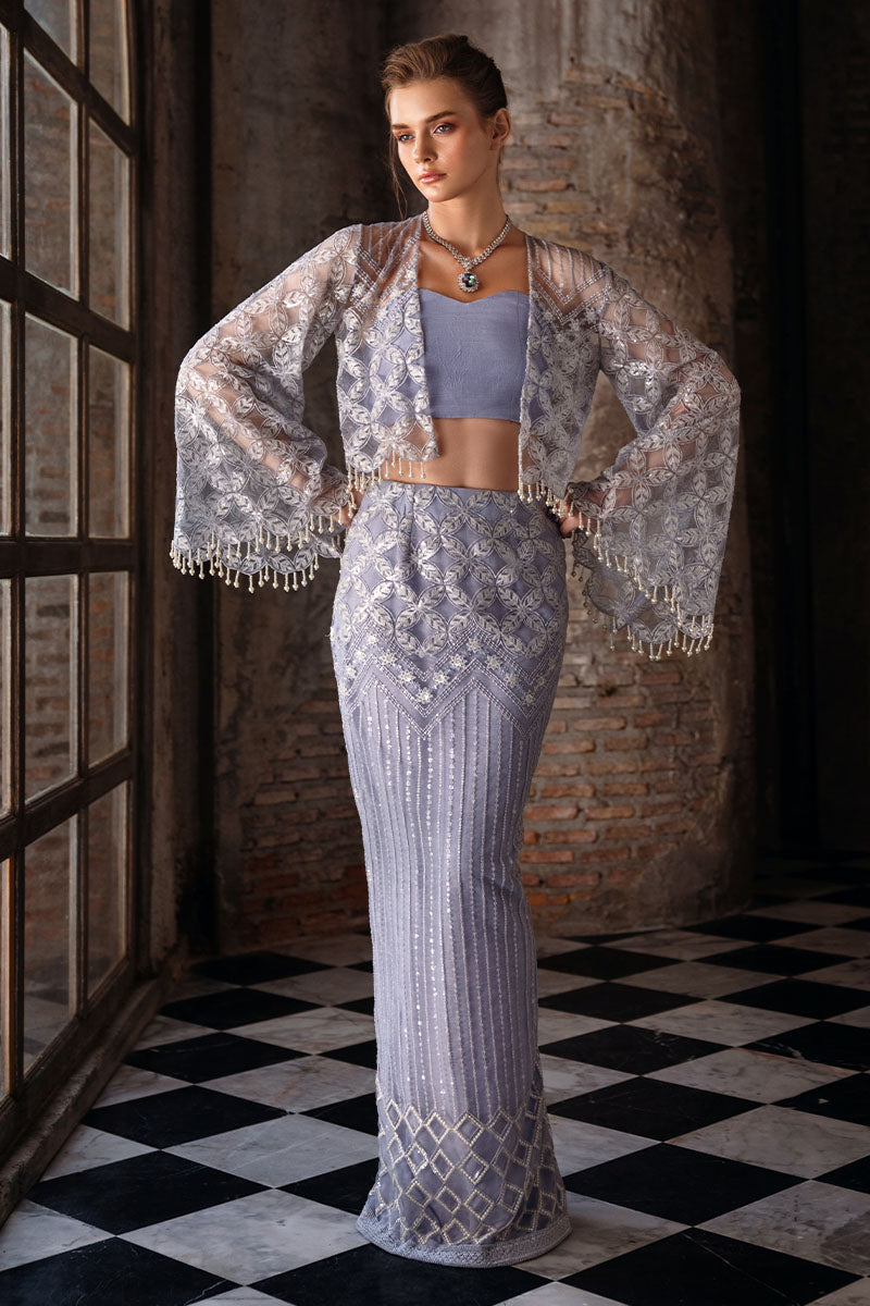Heather Blue Resham Embroidered Net & Silk Co-ord (3-Piece) - Image 1