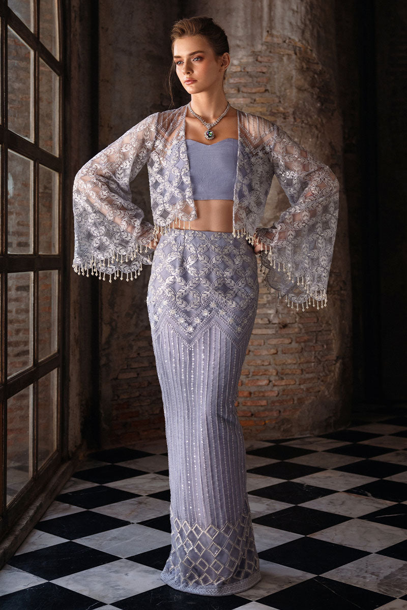 Heather Blue Resham Embroidered Net & Silk Co-ord (3-Piece) - Image 8