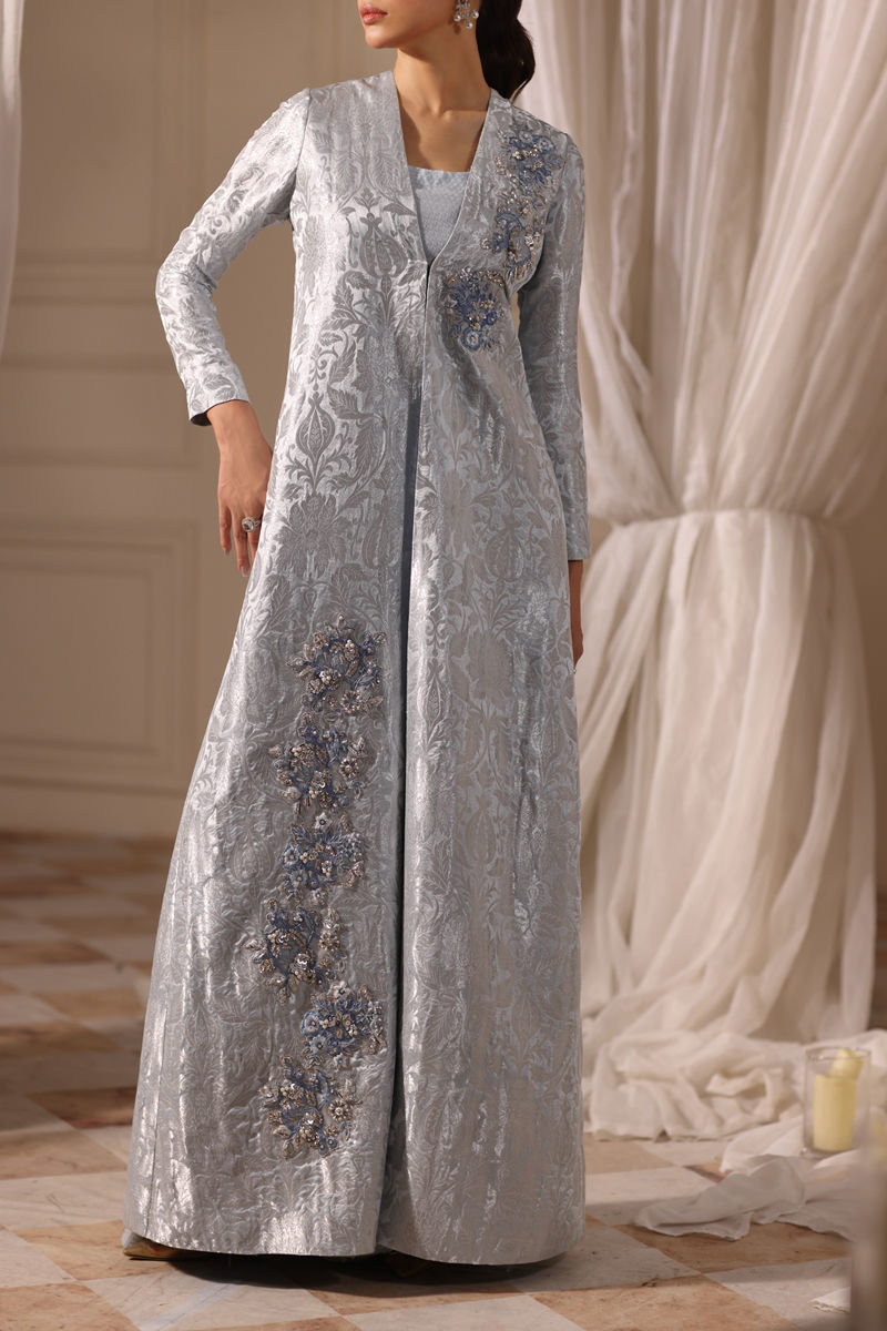 Sky Blue Swarovski Sequin Pure Tanchoi Long Coat (3-Piece) - Image 1