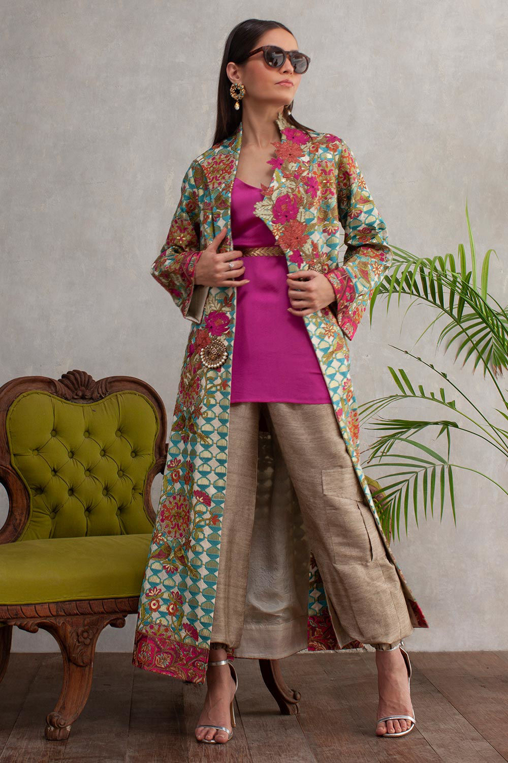 Turquoise Multi Embroidered Silk Coat Set (3-Piece) - Image 1
