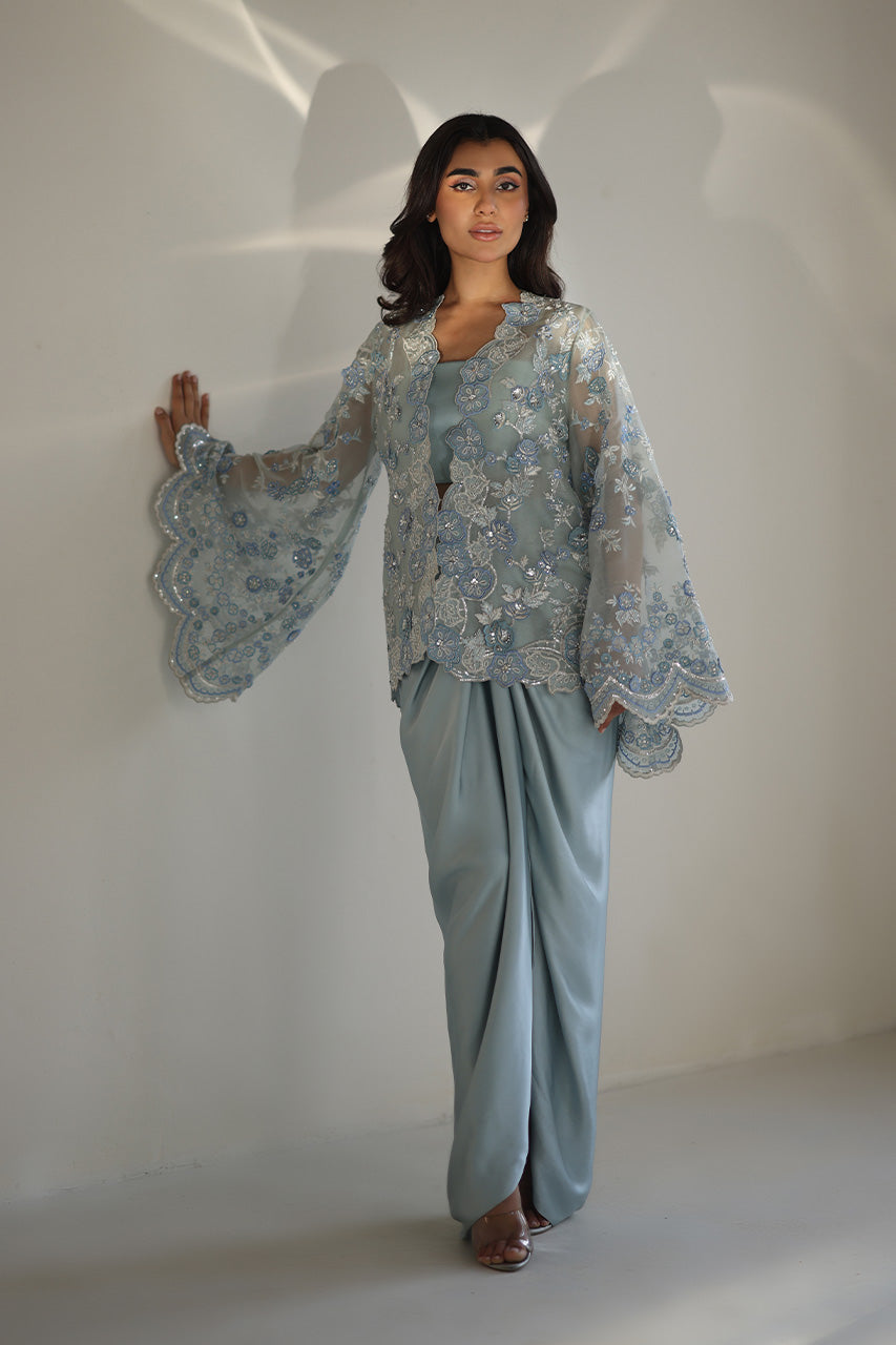 Ice Blue Embroidered Organza & Charmeuse Co-ord Set (3-Piece) - Image 1