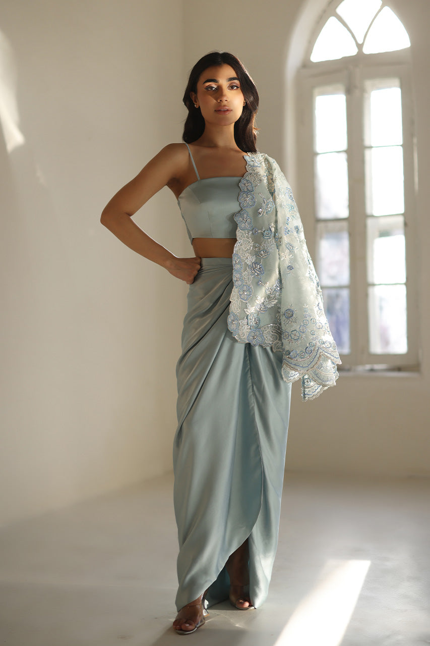 Ice Blue Embroidered Organza & Charmeuse Co-ord Set (3-Piece) - Image 10