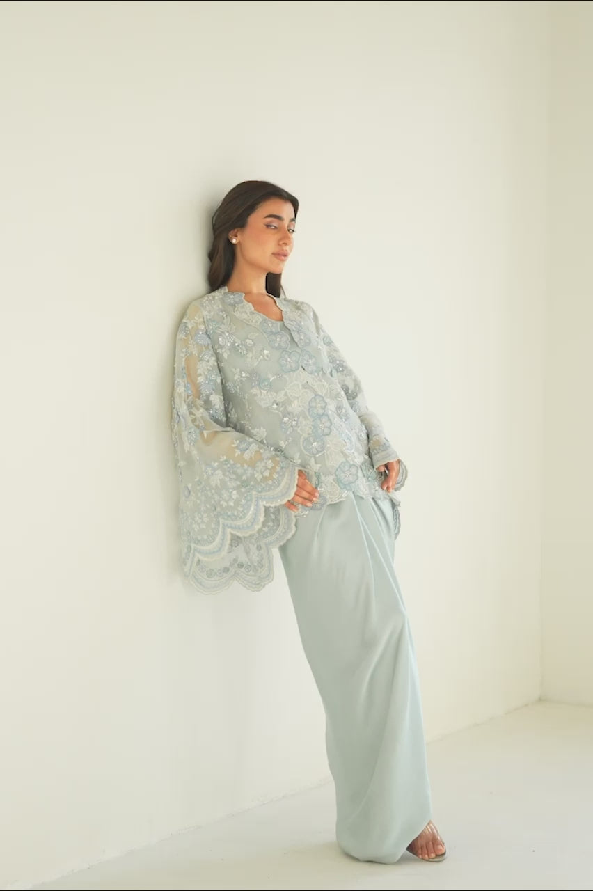 Ice Blue Embroidered Organza & Charmeuse Co-ord Set (3-Piece) - Image 11