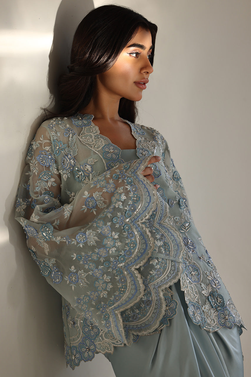 Ice Blue Embroidered Organza & Charmeuse Co-ord Set (3-Piece) - Image 3