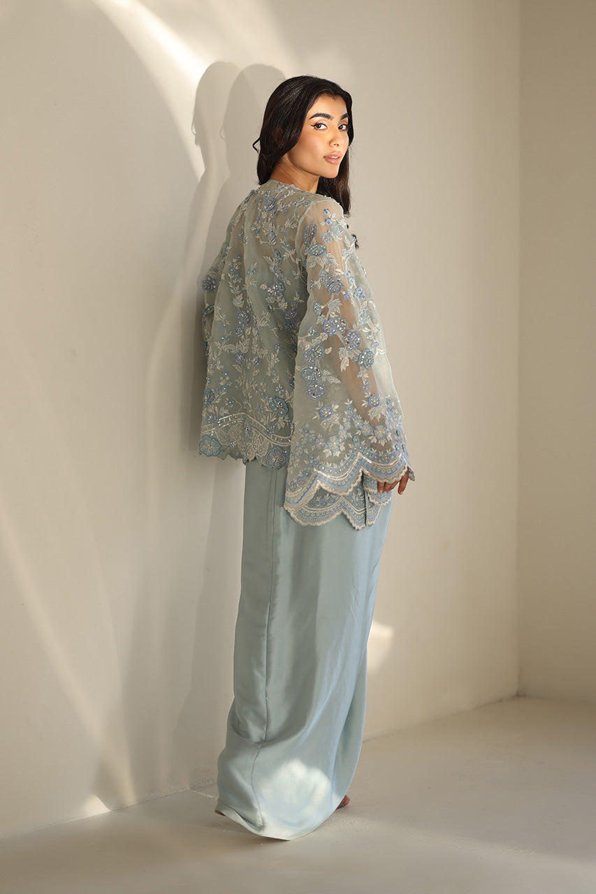 Ice Blue Embroidered Organza & Charmeuse Co-ord Set (3-Piece) - Image 4