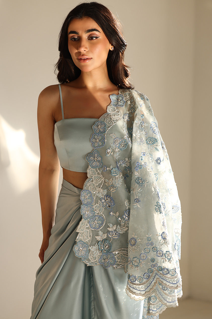 Ice Blue Embroidered Organza & Charmeuse Co-ord Set (3-Piece) - Image 5