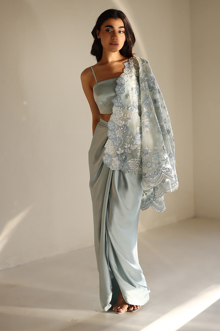 Ice Blue Embroidered Organza & Charmeuse Co-ord Set (3-Piece) - Image 7