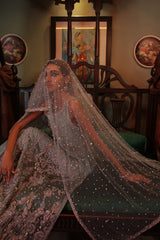 Pakistani Ice Blue Mukesh Net Dupatta with Pearls (1-Pc) - Image 2