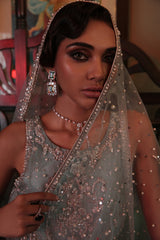 Pakistani Ice Blue Mukesh Net Dupatta with Pearls (1-Pc) - Image 3