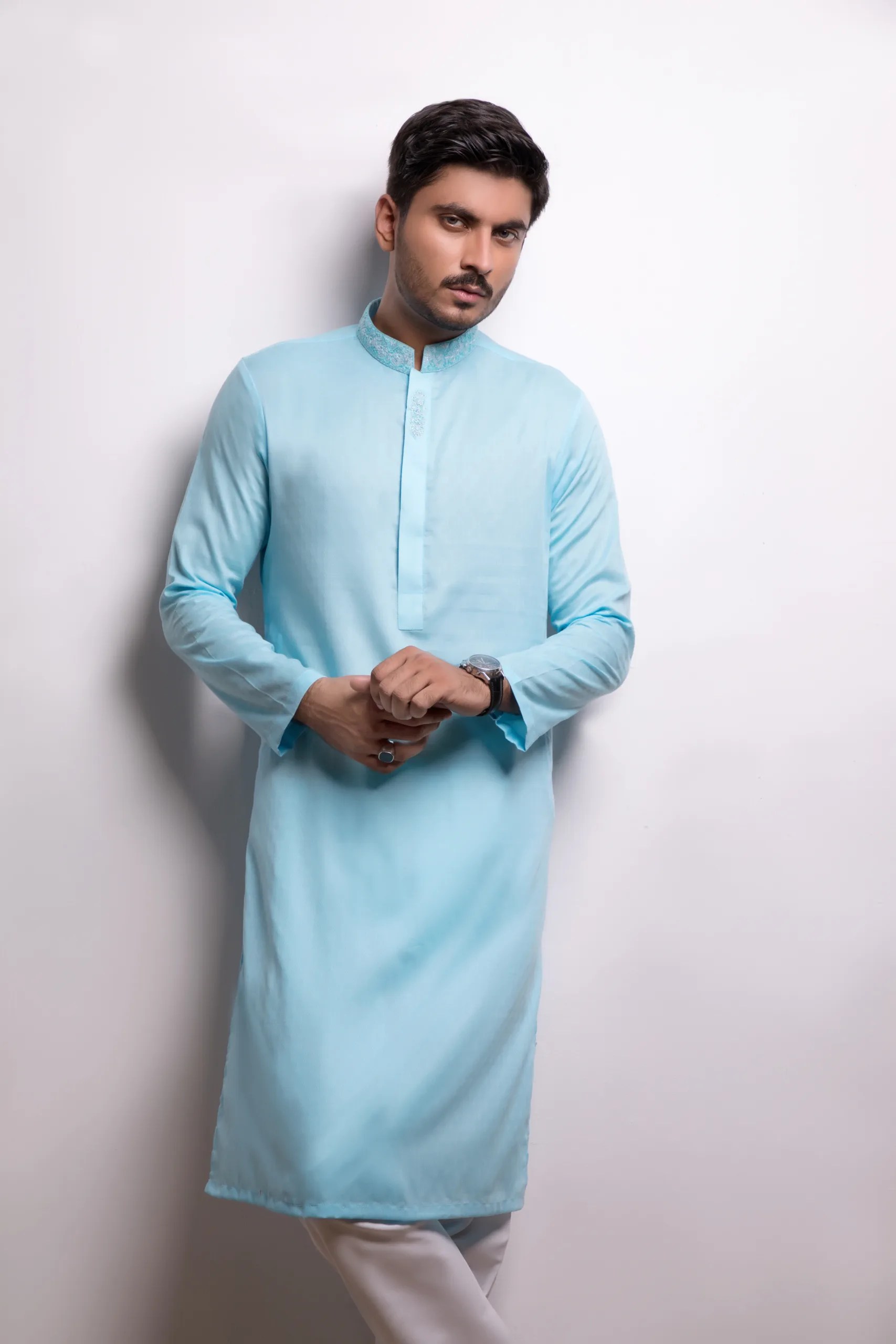 Sky Blue Embroidered Cotton-Silk Kurta (2-Piece) - Image 1