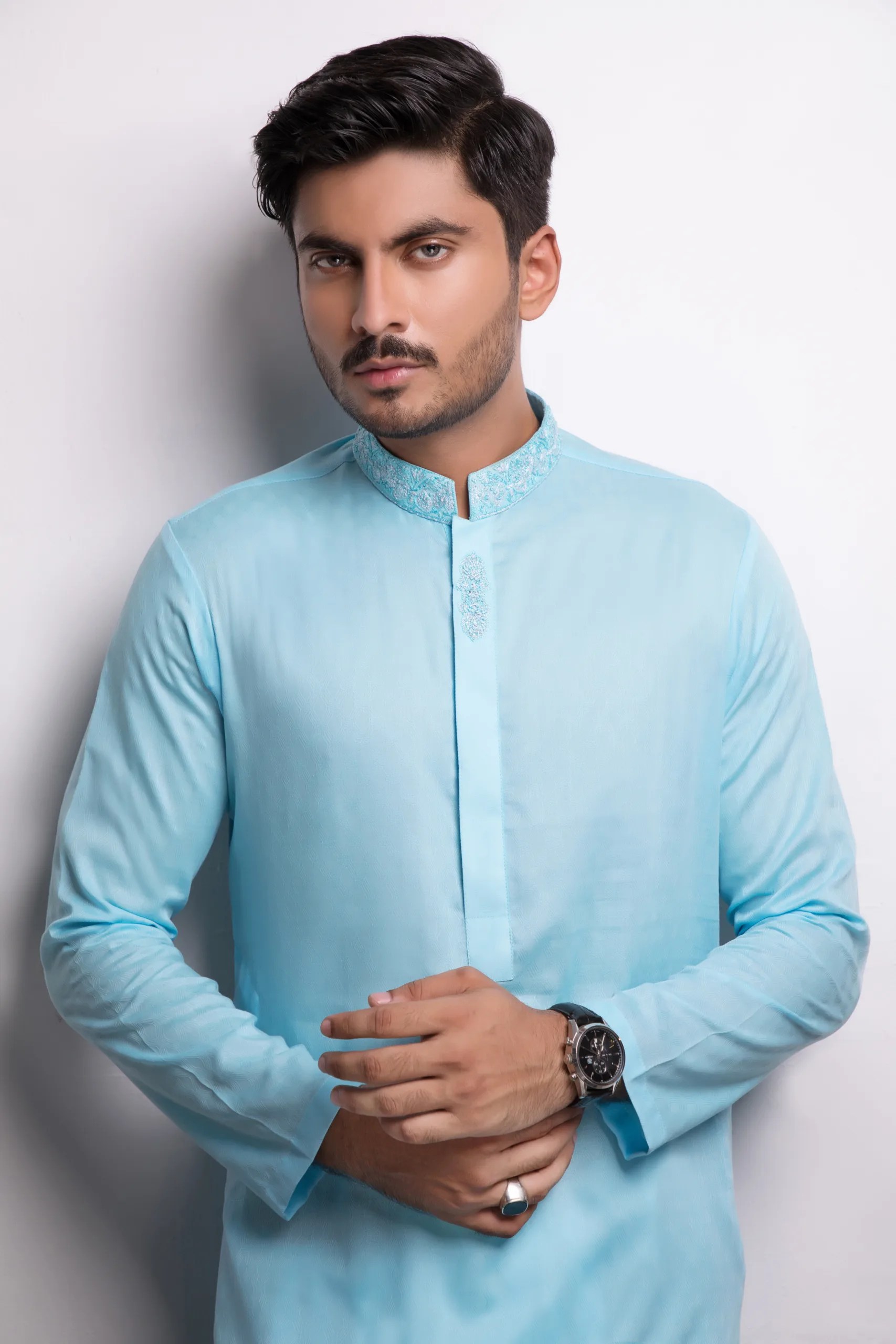 Sky Blue Embroidered Cotton-Silk Kurta (2-Piece) - Image 2