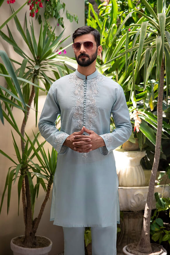 Powder Blue Embroidered Cotton-Silk Kurta (2-Piece) - Image 1