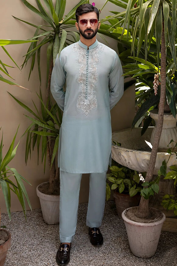 Powder Blue Embroidered Cotton-Silk Kurta (2-Piece) - Image 2