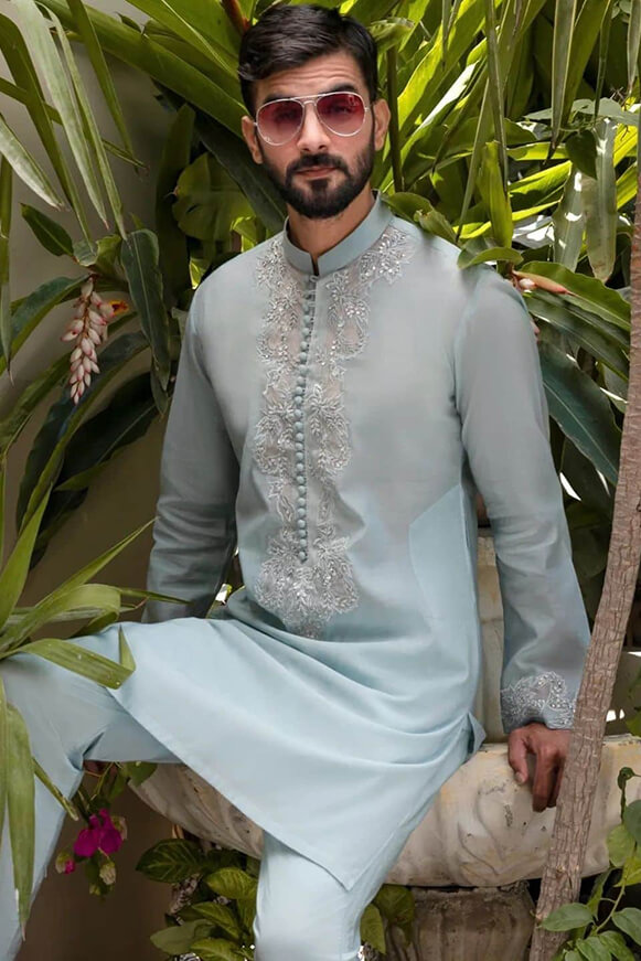 Powder Blue Embroidered Cotton-Silk Kurta (2-Piece) - Image 3