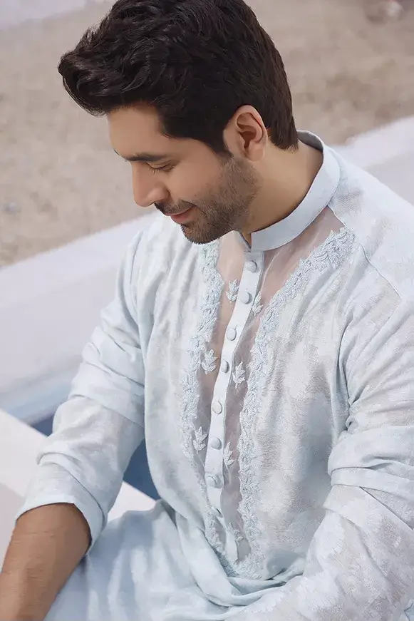 Light Sky Blue Embroidered Self Cotton Khaddi Kurta (2-Piece) - Image 1