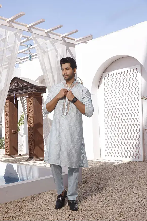 Light Sky Blue Embroidered Self Cotton Khaddi Kurta (2-Piece) - Image 2