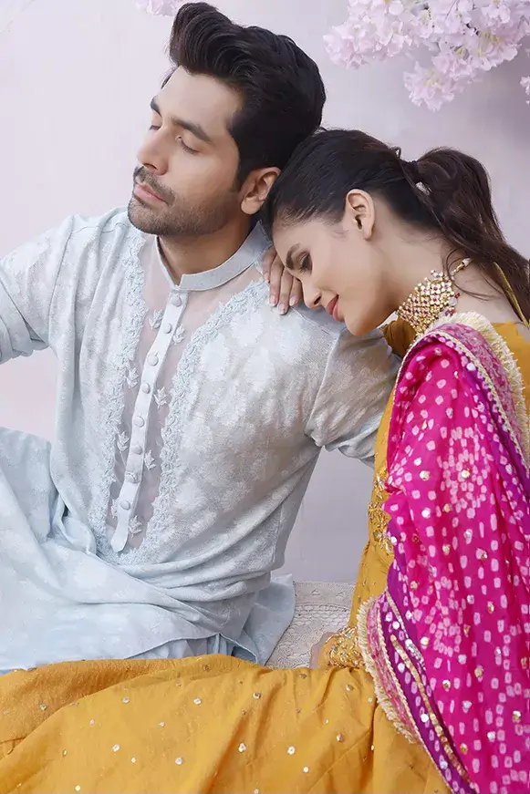 Light Sky Blue Embroidered Self Cotton Khaddi Kurta (2-Piece) - Image 3