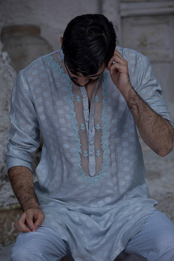 Sky Blue Embroidered Khaddi Cotton Kurta (2-Piece) - Image 1