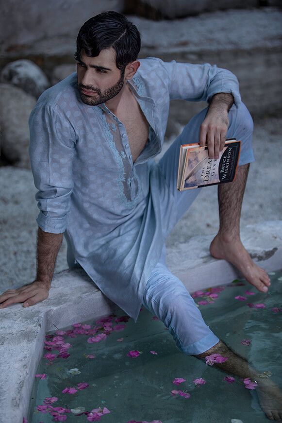 Sky Blue Embroidered Khaddi Cotton Kurta (2-Piece) - Image 2