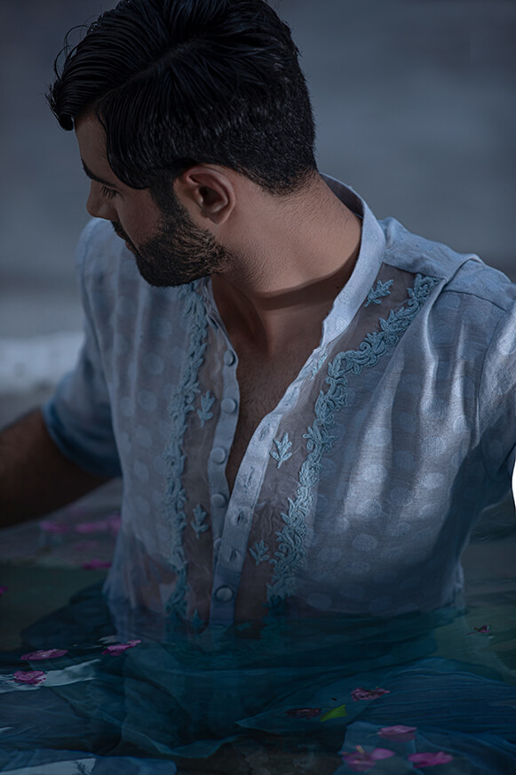 Sky Blue Embroidered Khaddi Cotton Kurta (2-Piece) - Image 6