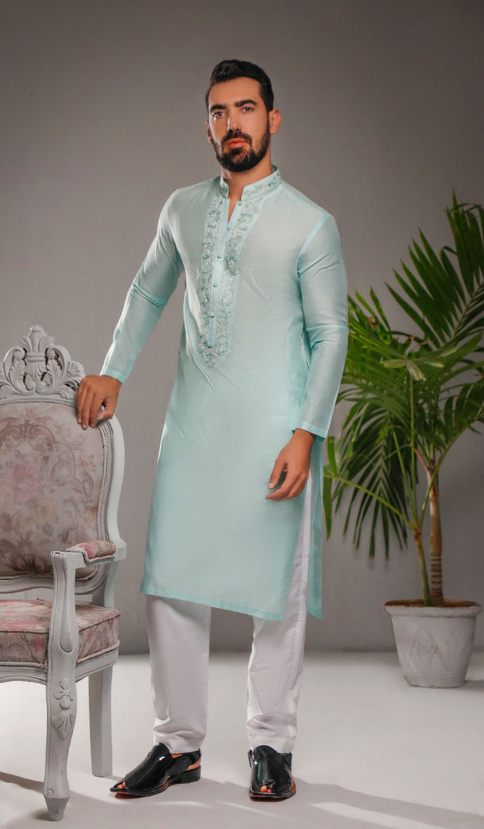 Ice Blue Hand Resham Embroidered Mix Fabric Kurta (2-Piece) - Image 1