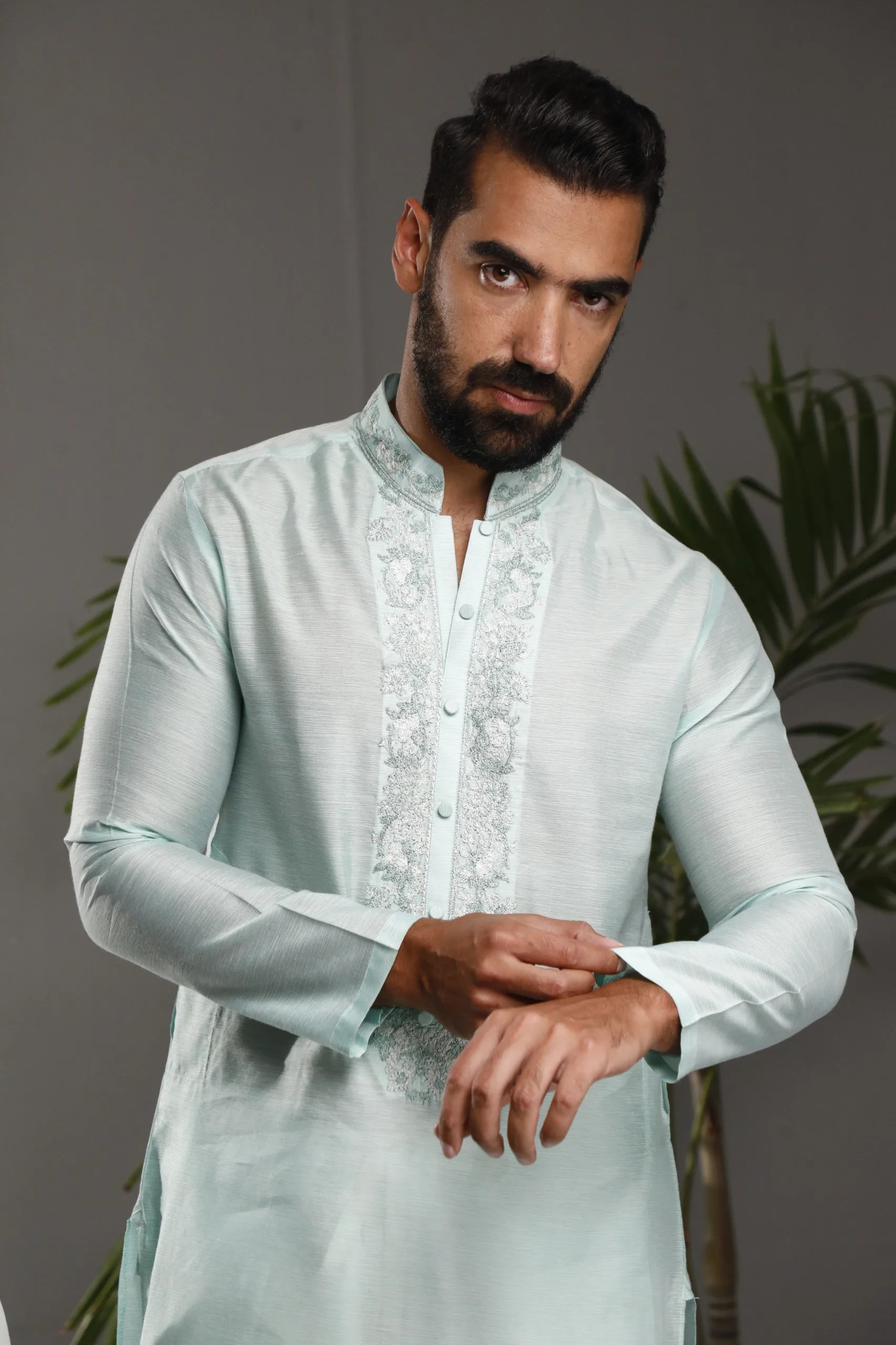 Ice Blue Hand Resham Embroidered Mix Fabric Kurta (2-Piece) - Image 2