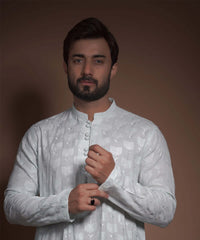 Powder Pastel Blue Embroidered Raw Silk Kurta (2-Piece) - Image 4