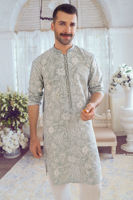 Ice Blue Embroidered Raw Silk Kurta (1-Pc) - Image 3