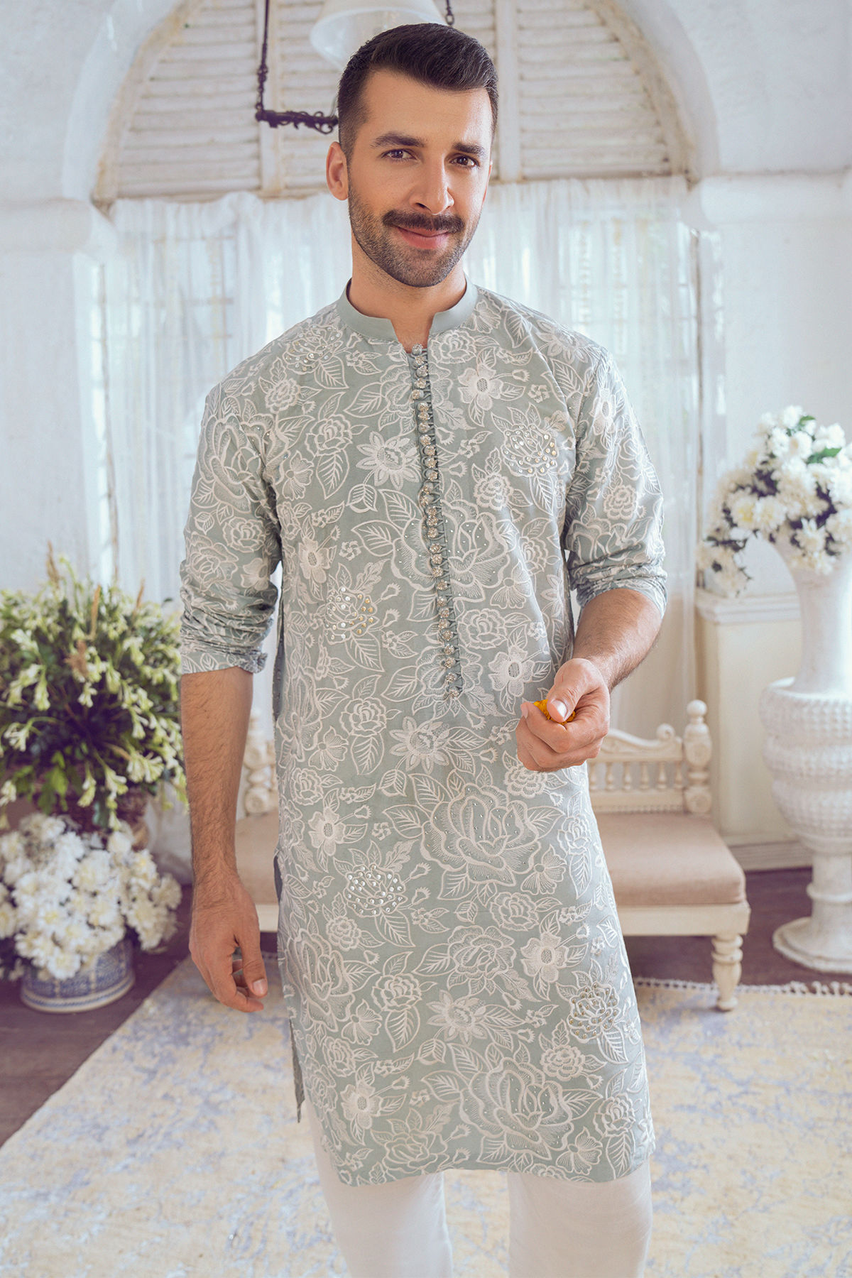 Ice Blue Embroidered Raw Silk Kurta (1-Pc) - Image 6