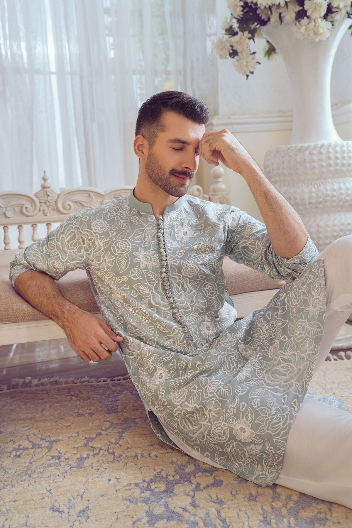 Ice Blue Embroidered Raw Silk Kurta (1-Pc) - Image 7