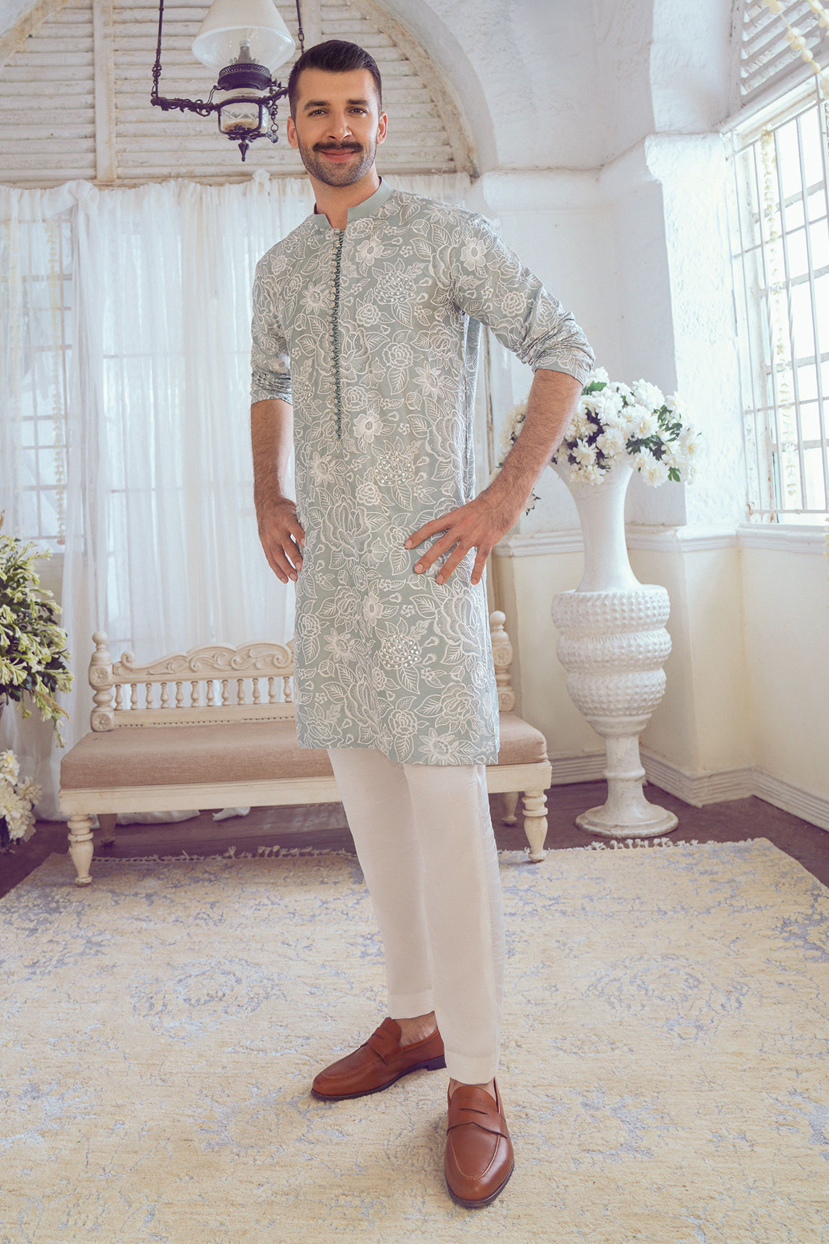 Ice Blue Embroidered Raw Silk Kurta (1-Pc) - Image 8