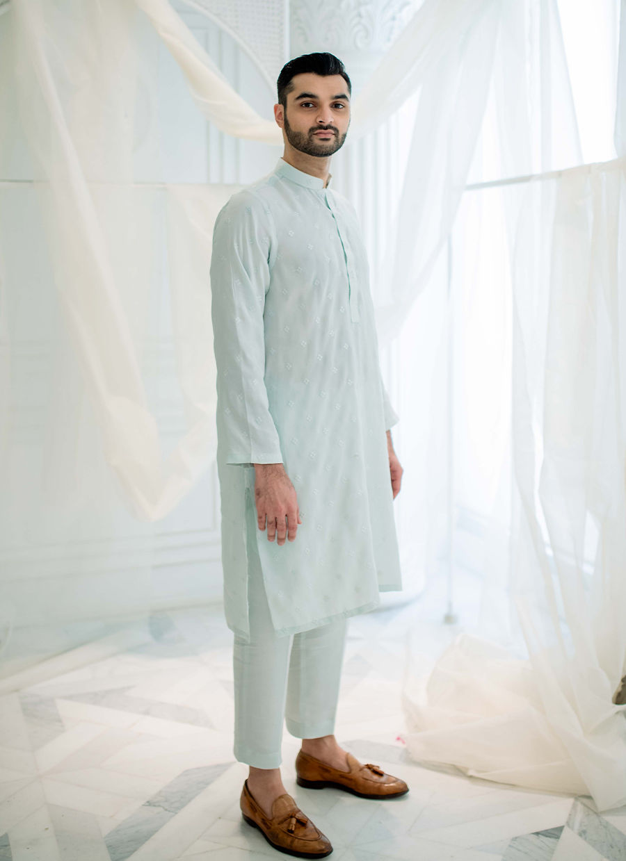 Ice Blue Schiffli Embroidered Pure Silk Kurta (2-Piece) - Image 1