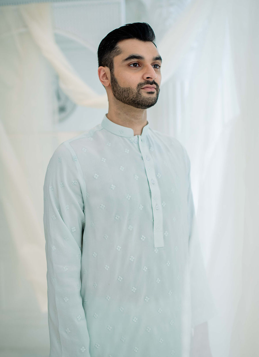 Ice Blue Schiffli Embroidered Pure Silk Kurta (2-Piece) - Image 2